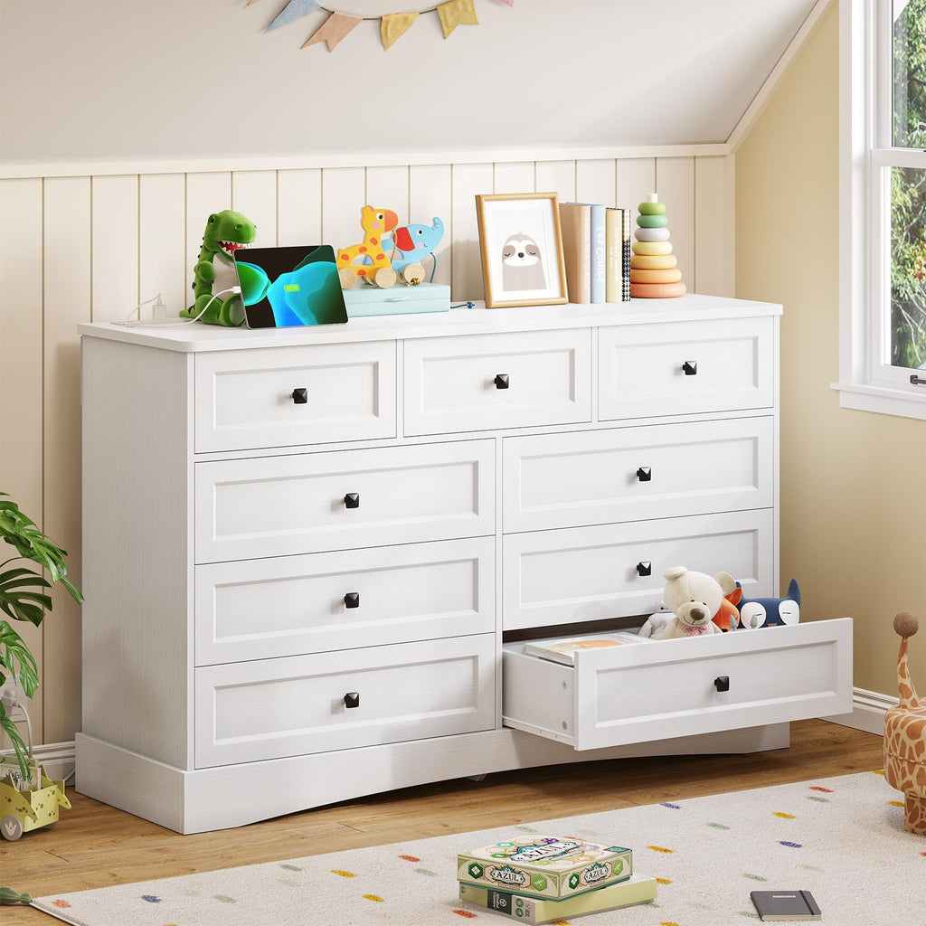 White 9 Drawer Wood Dresser with Charging Station A1191