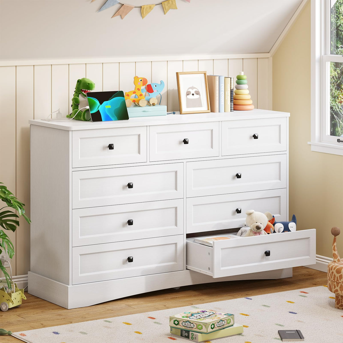 White 9 Drawer Wood Dresser with Charging Station A1191