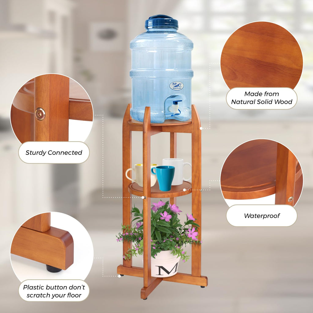 Solid Wood Water Dispenser Floor Stand with 2 Round Shelfs S398528