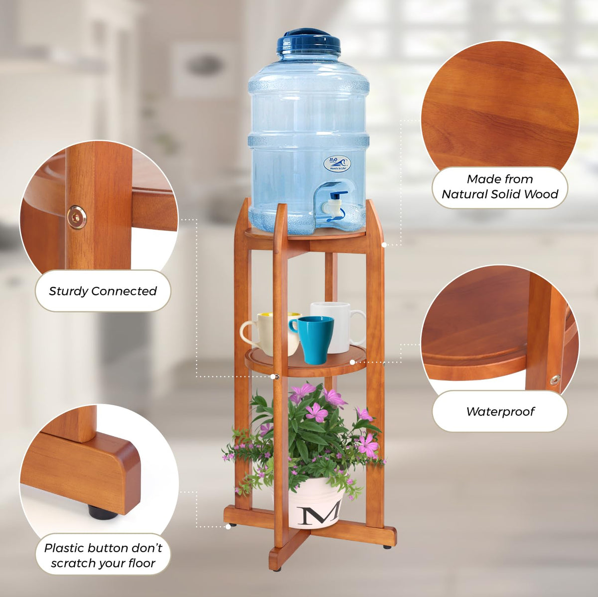 Solid Wood Water Dispenser Floor Stand with 2 Round Shelfs S398528