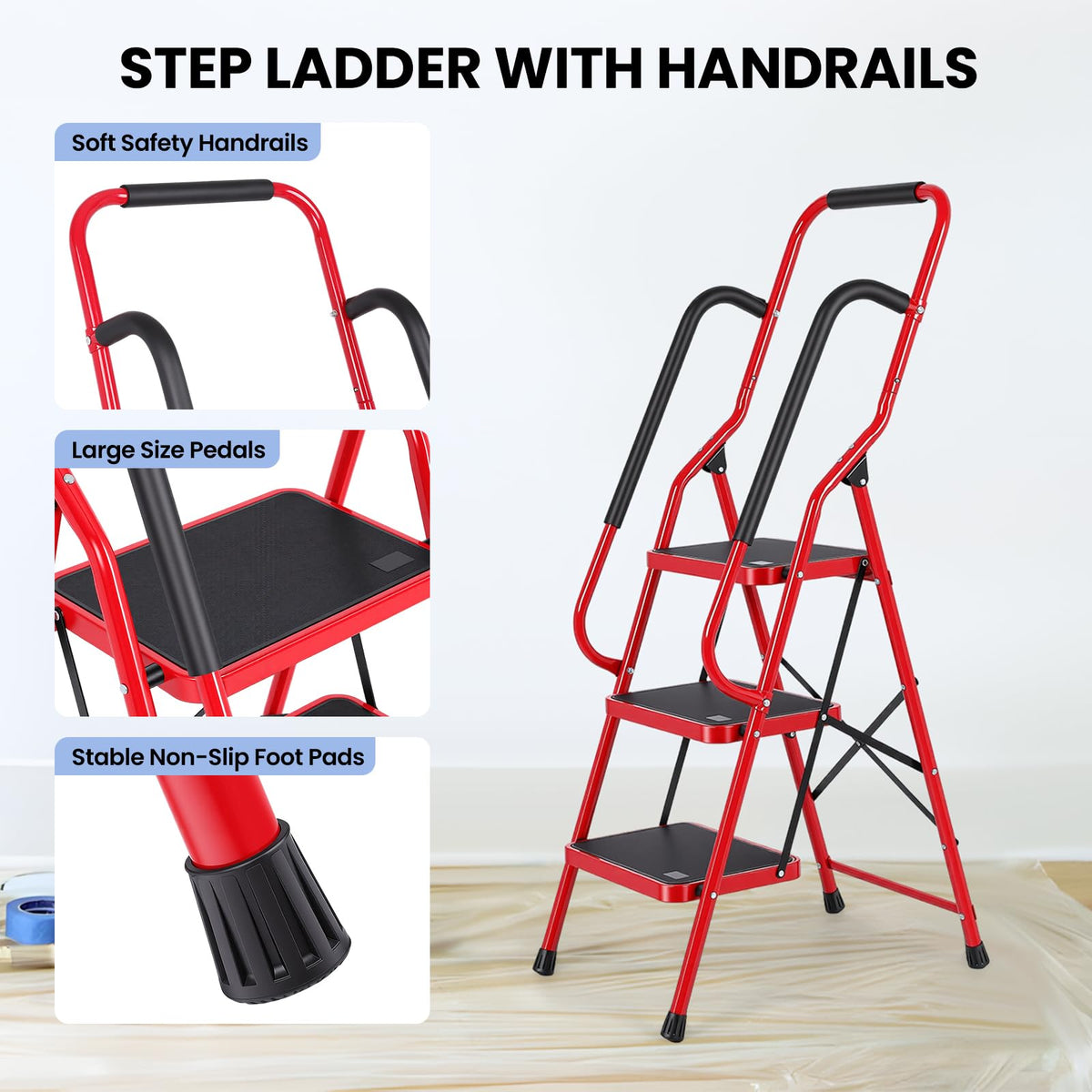 3 Step Folding Steel Step Ladder with Handrails G675