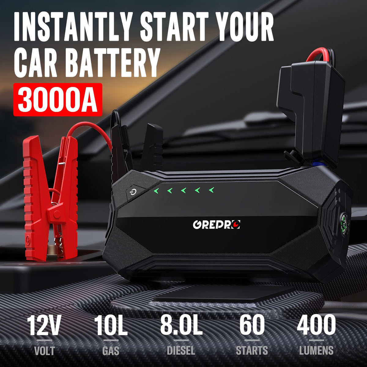 3000A 12V Jump Starter with Jumper Cables and LED Light F9973