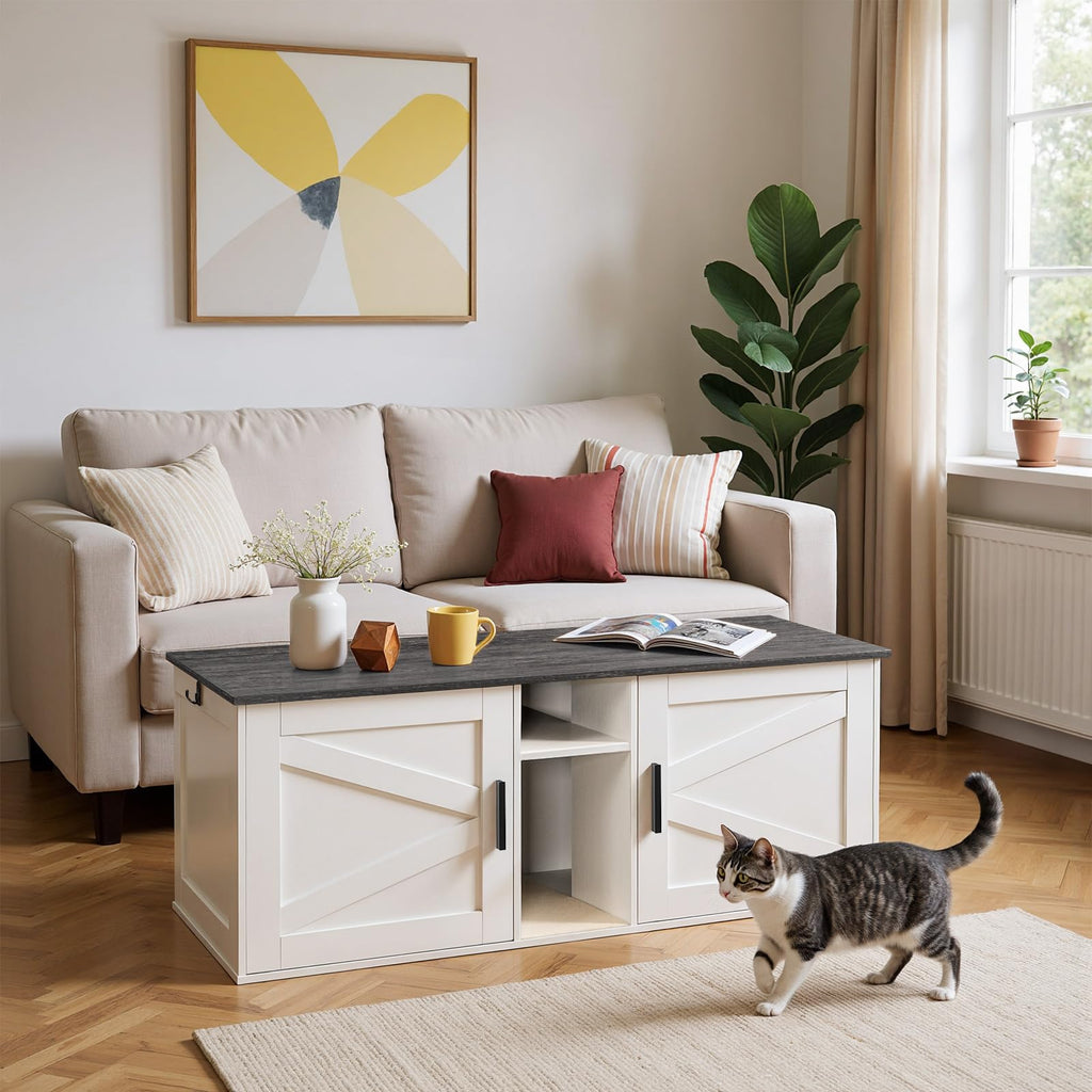 White and Charcoal Gray Cat Litter Box Enclosure J2734
