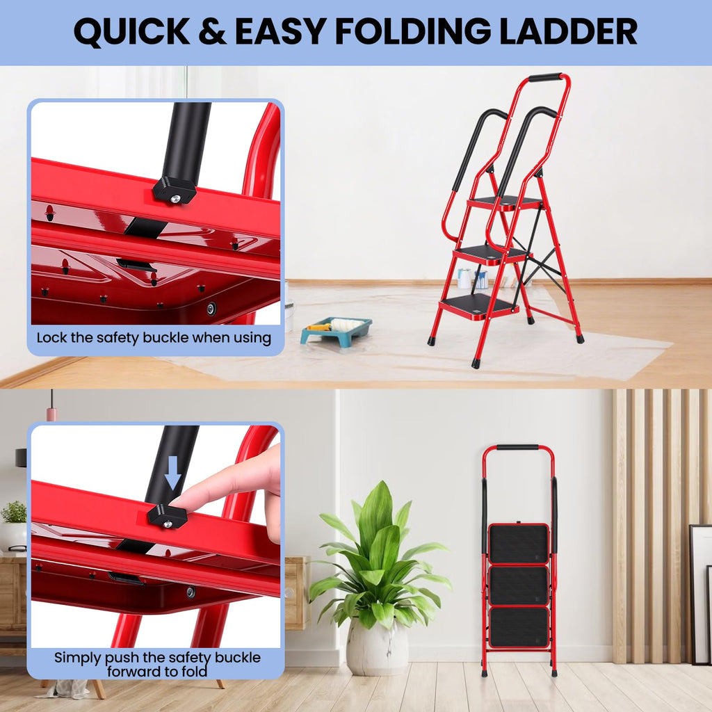 3 Step Folding Steel Step Ladder with Handrails G675
