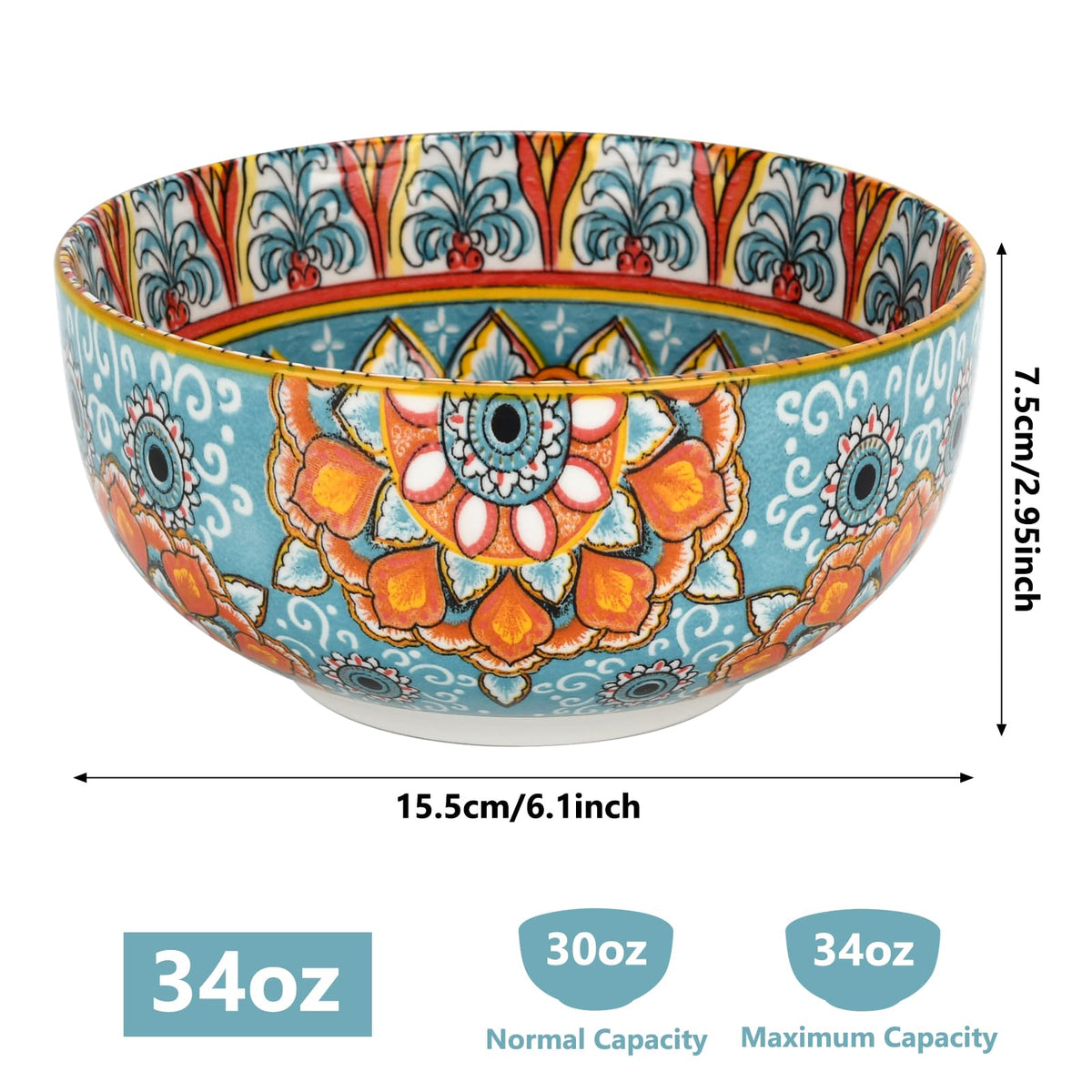 Set of 4 34oz Bohemian Ceramic Bowls H992