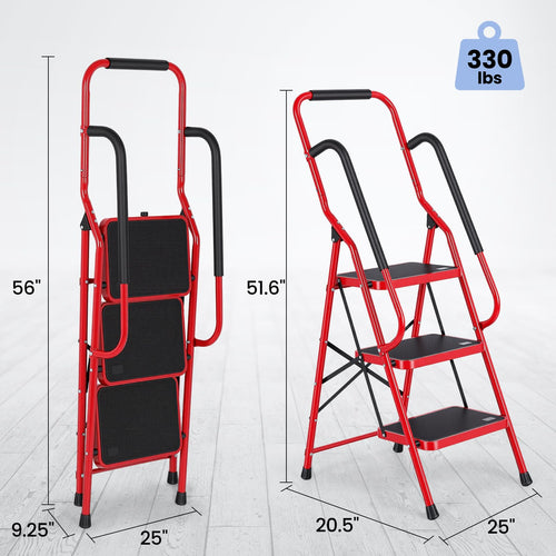 3 Step Folding Steel Step Ladder with Handrails G675