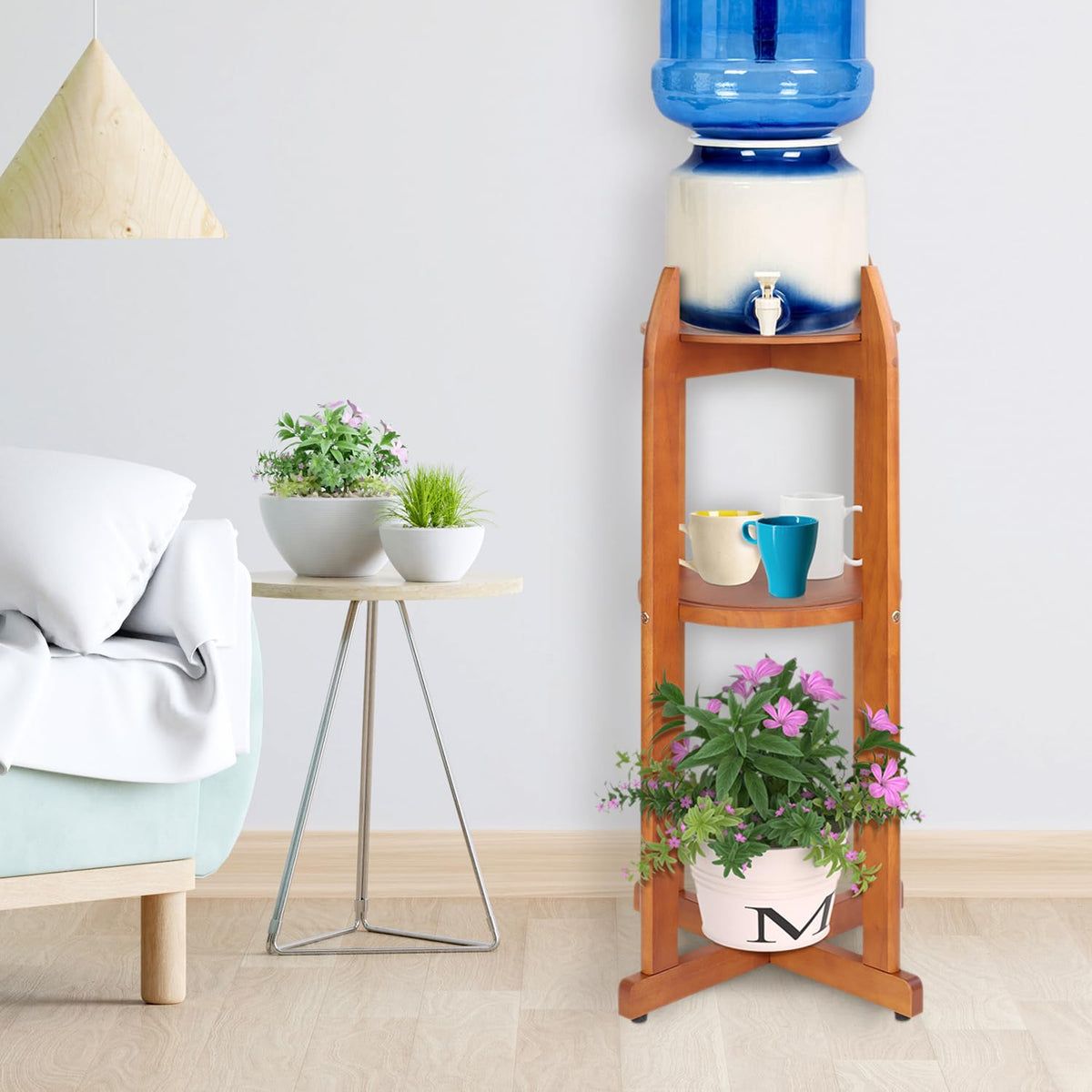 Solid Wood Water Dispenser Floor Stand with 2 Round Shelfs S398528