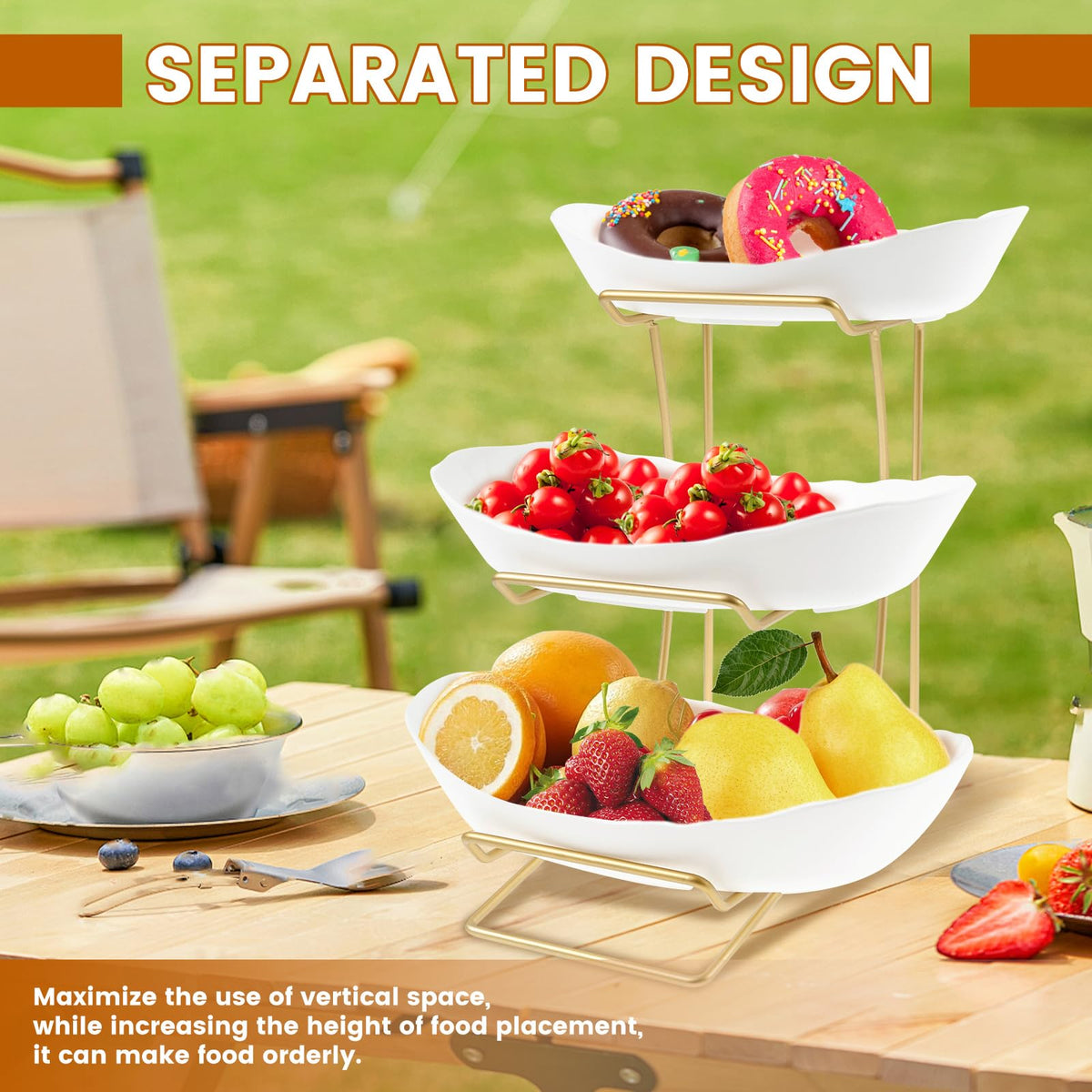 3 Tier Fruit Basket with Gold Metal Stand D9716