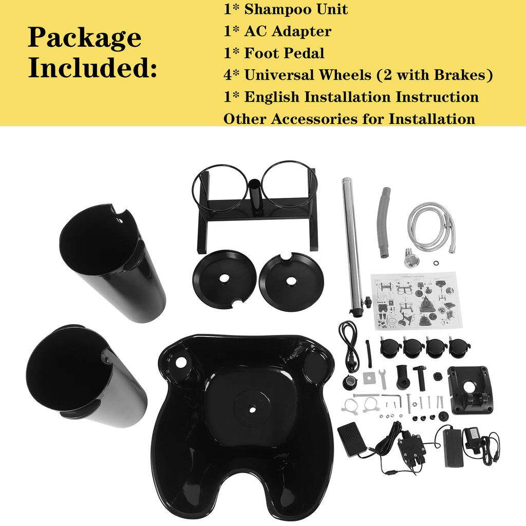 Portable Mobile Shampoo Bowl with Electric Pump, 2 Bucket, Drain Hoses, Height-Adjustable W361570