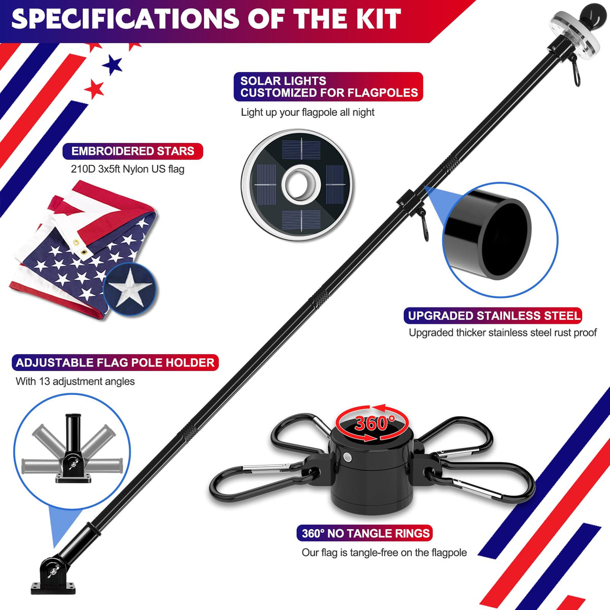 2 Pack 6FT Black Stainless Steel Flag Pole Kit with Solar Light L158