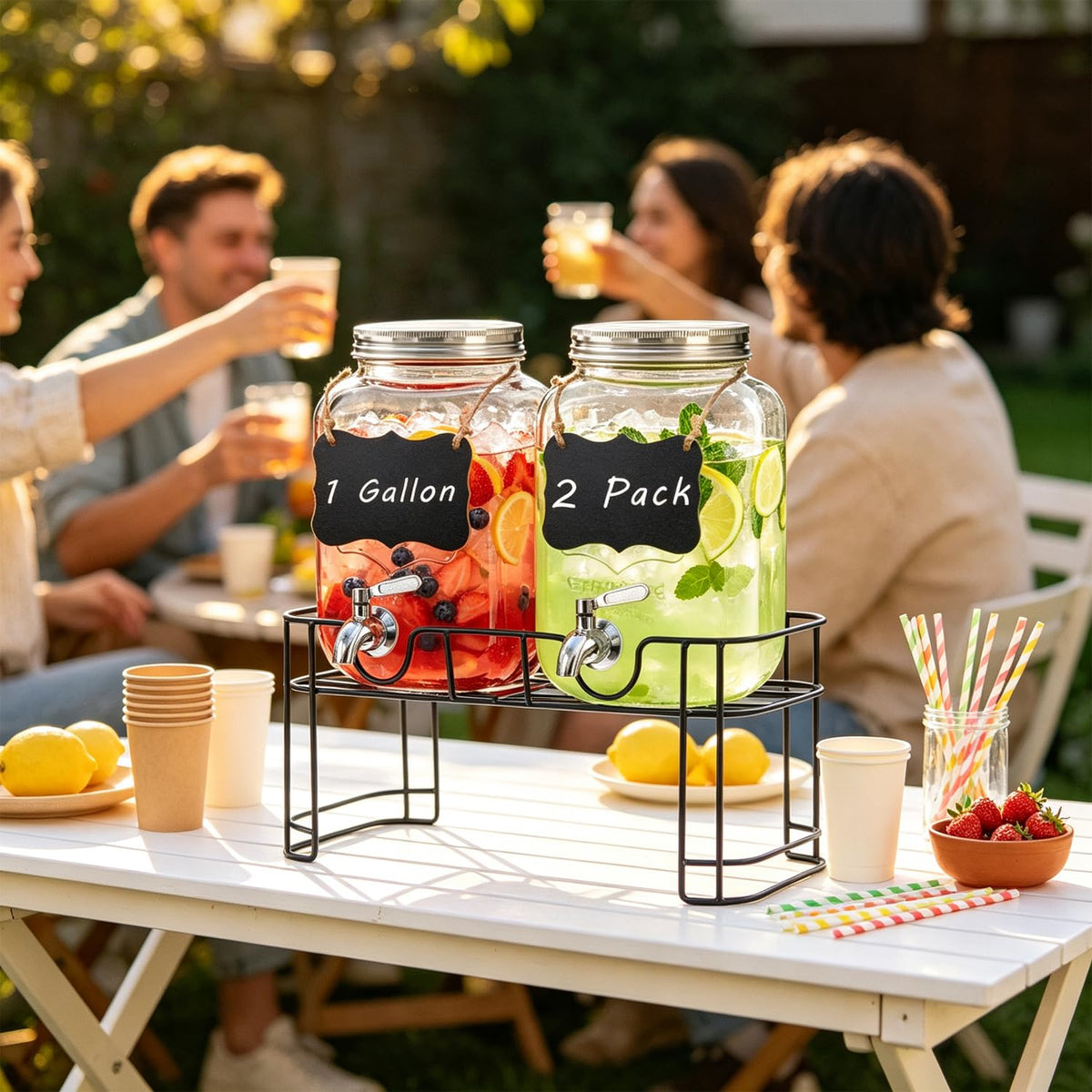 1 Gallon Glass Drink Dispenser with Stand, 2 Pack Beverage Dispenser with Spigot B24389