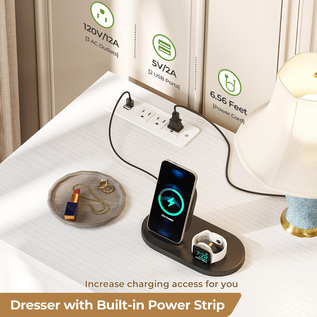 White 9 Drawer Wood Dresser with Charging Station A1191