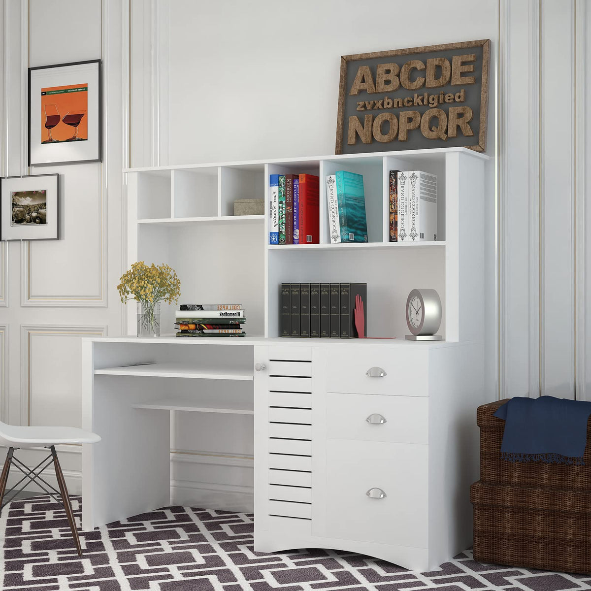 White Computer Desk with Hutch L538