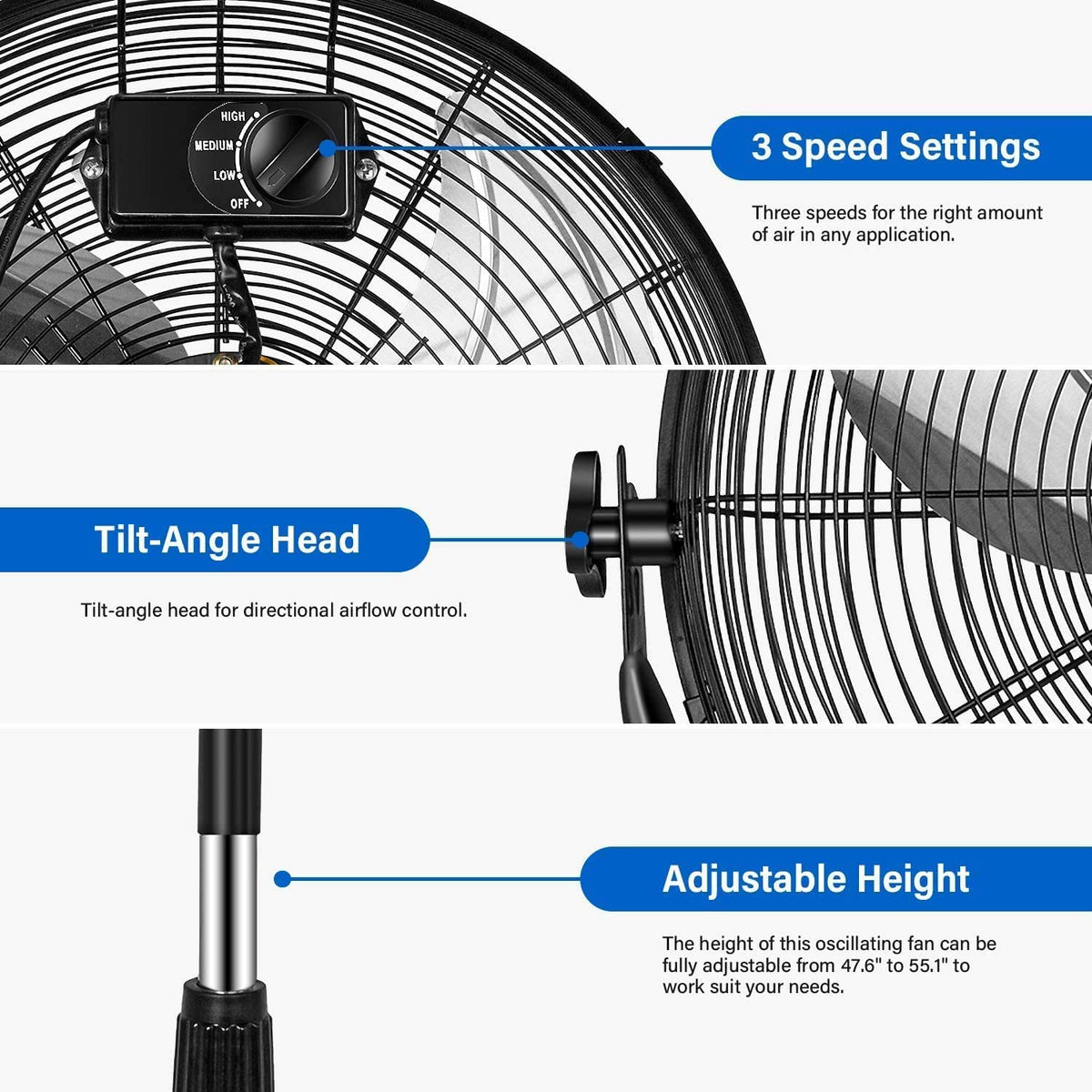 20 Inch 3-Speed High Velocity Metal Pedestal Standing Fan Y586790