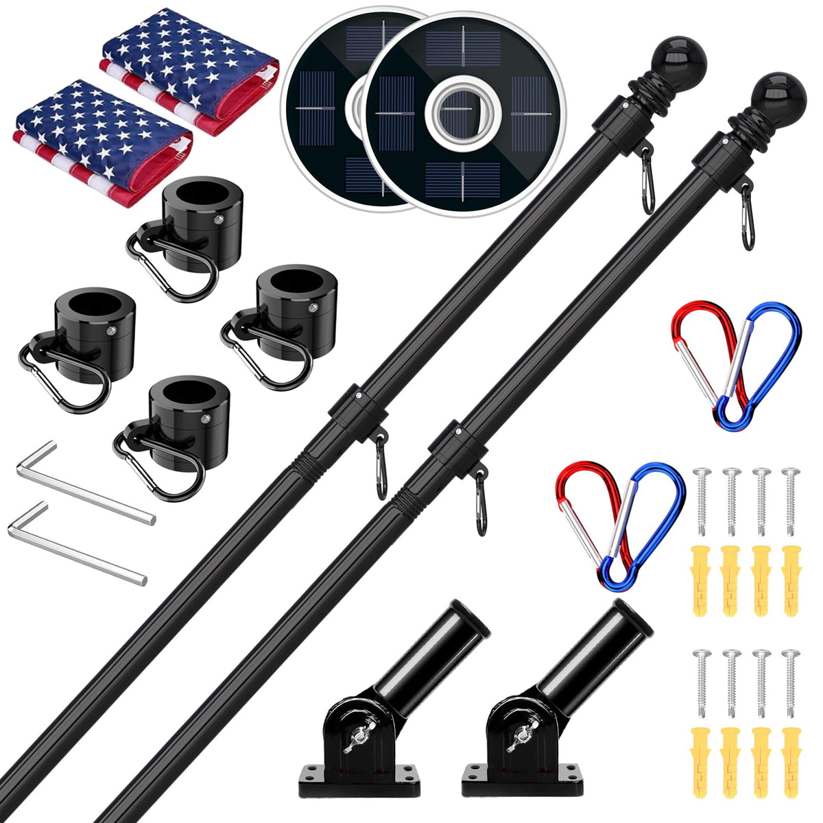 2 Pack 6FT Black Stainless Steel Flag Pole Kit with Solar Light L158