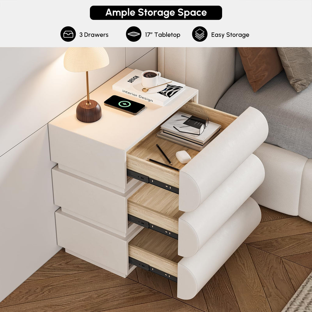 Off White Faux Leather 3 Drawer Nightstand R1247