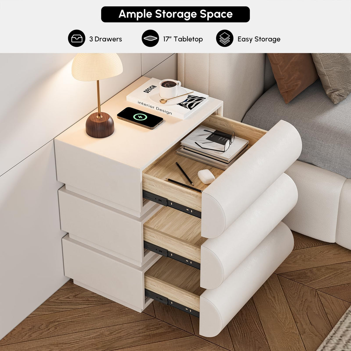 Off White Faux Leather 3 Drawer Nightstand R1247