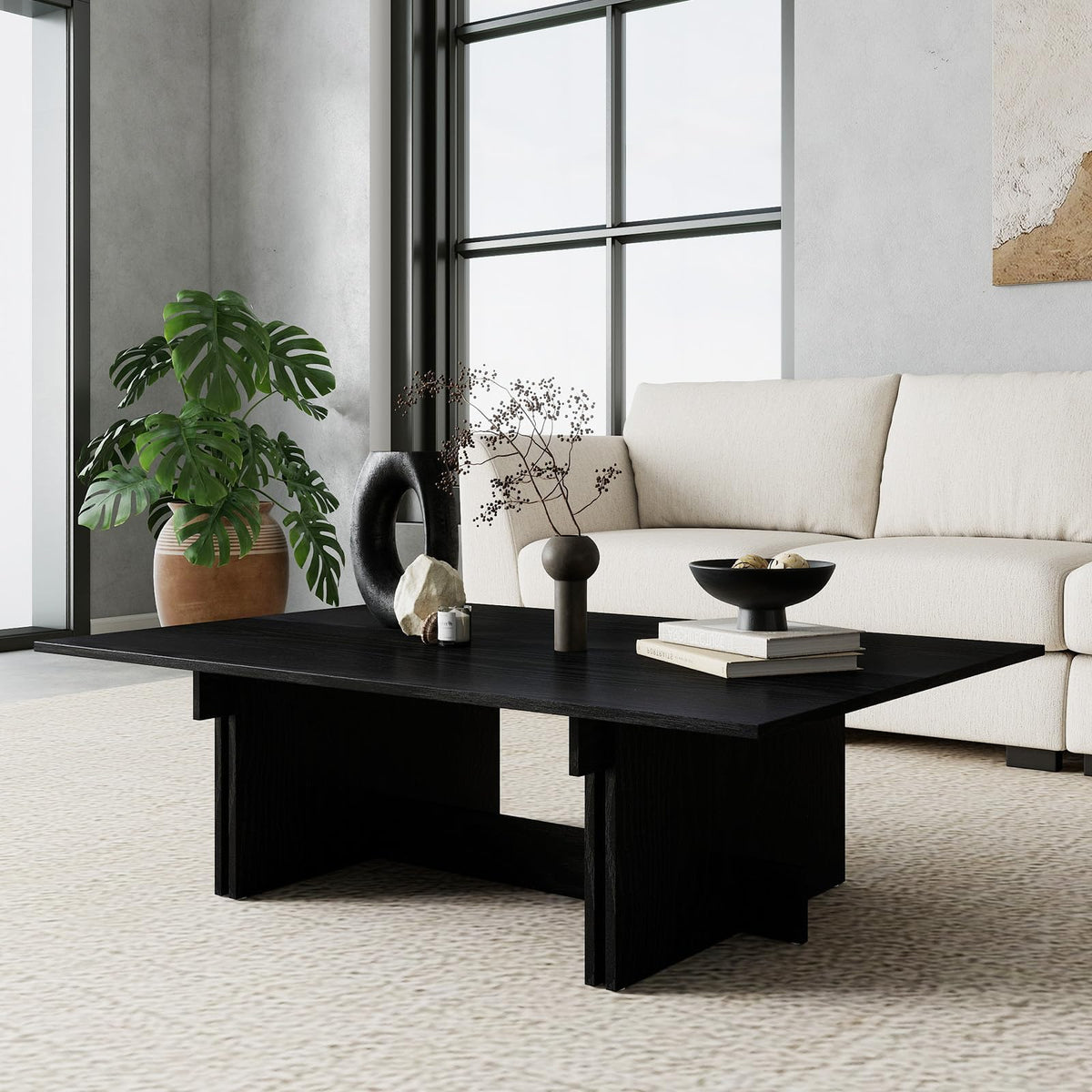 48" Rustic Wood Coffee Table with Geometric Base O51076