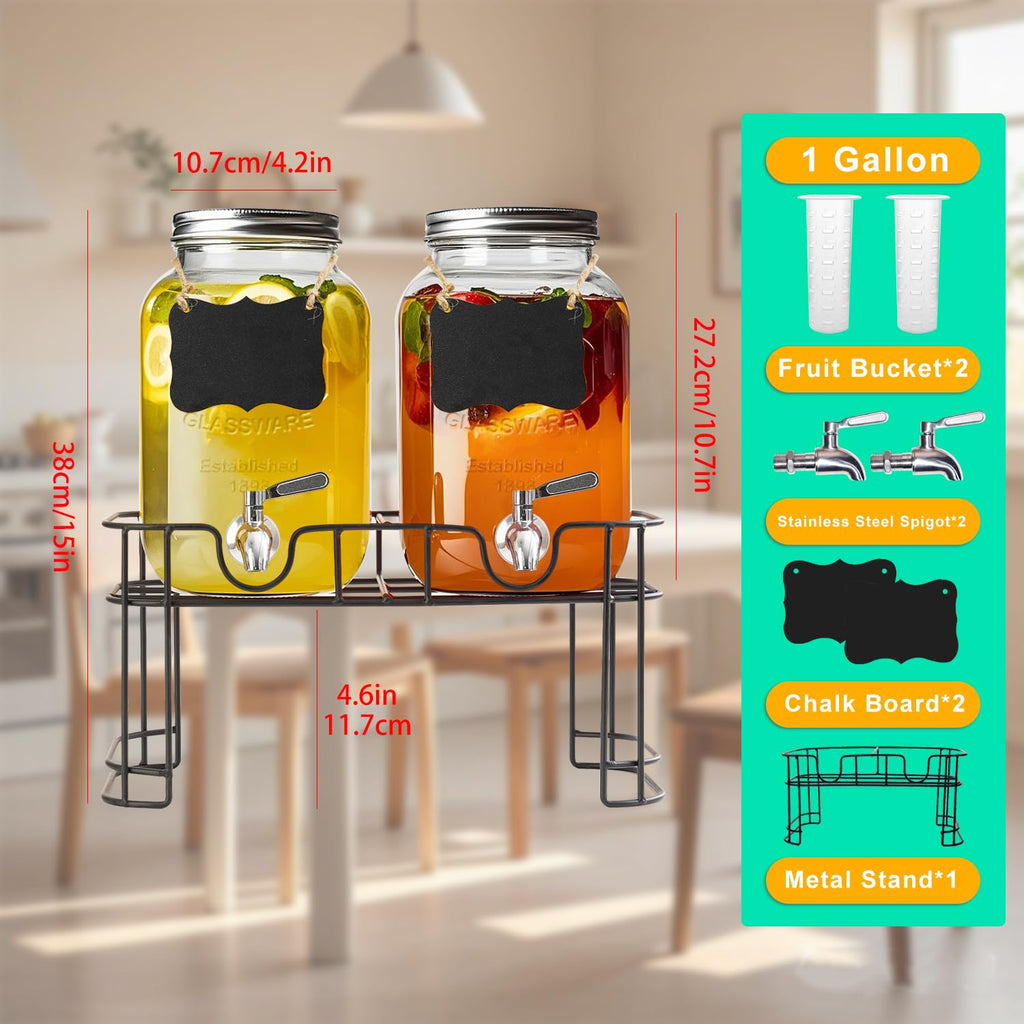 1 Gallon Glass Drink Dispenser with Stand, 2 Pack Beverage Dispenser with Spigot B24389