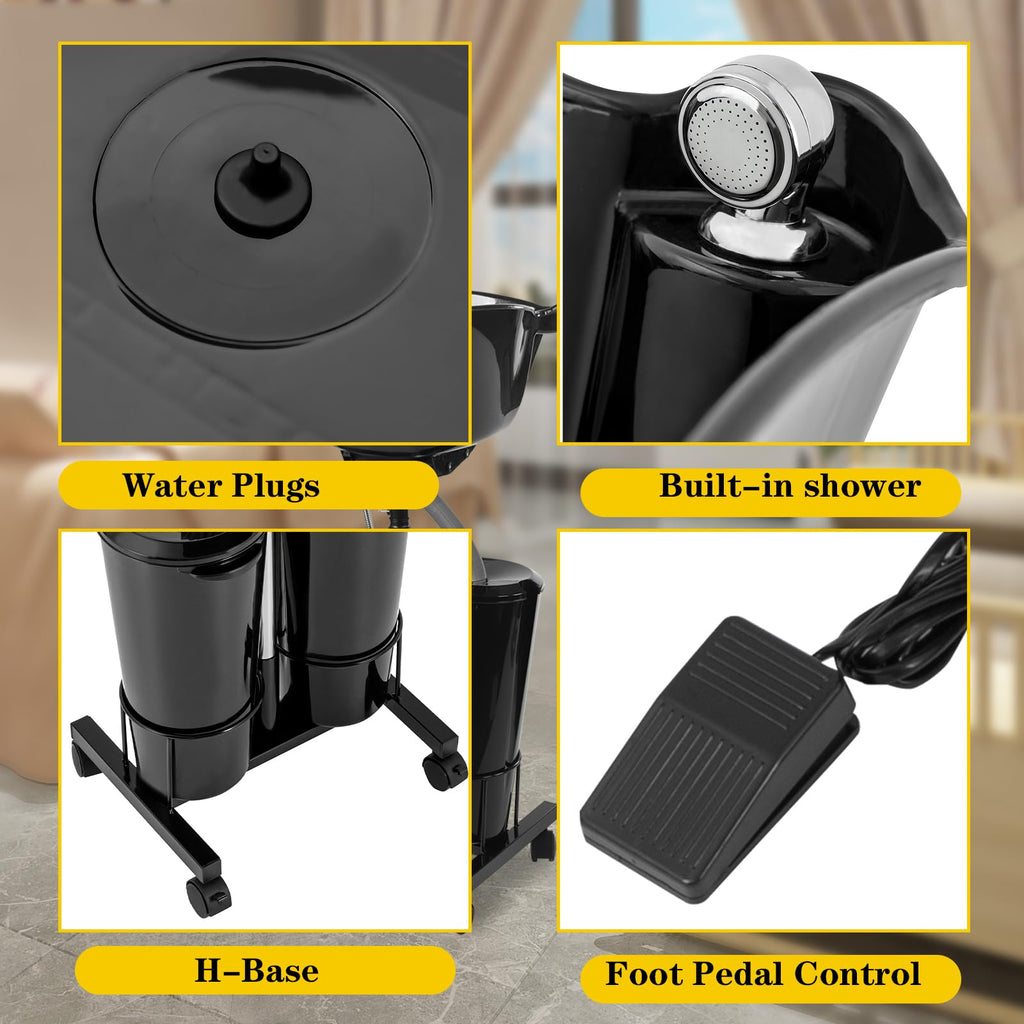 Portable Mobile Shampoo Bowl with Electric Pump, 2 Bucket, Drain Hoses, Height-Adjustable W361570