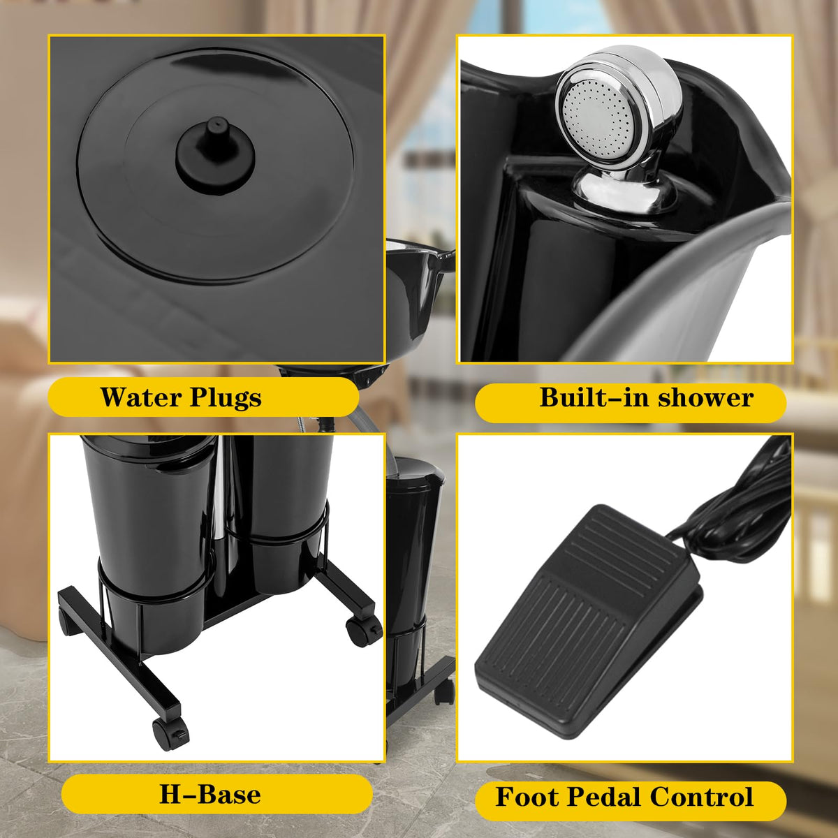 Portable Mobile Shampoo Bowl with Electric Pump, 2 Bucket, Drain Hoses, Height-Adjustable W361570
