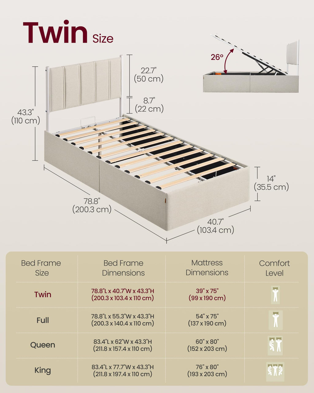 Twin Size Upholstered Lift Up Storage Bed Frame P955956