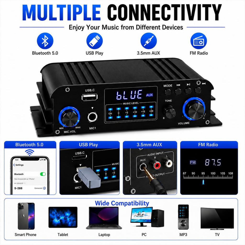 4 Channel Bluetooth Stereo Amplifier 50Wx4 Class D HiFi Power Amp R683