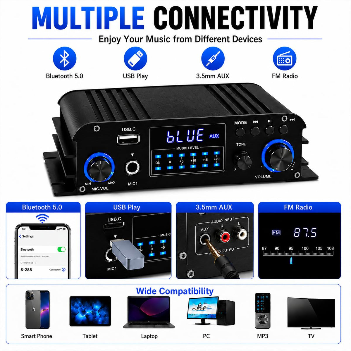 4 Channel Bluetooth Stereo Amplifier 50Wx4 Class D HiFi Power Amp R683
