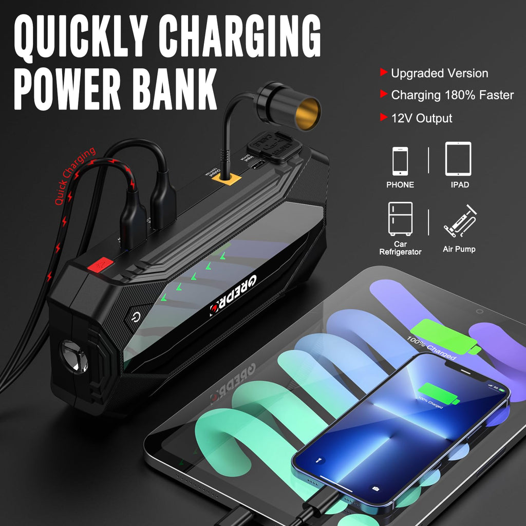 3000A 12V Jump Starter with Jumper Cables and LED Light F9973