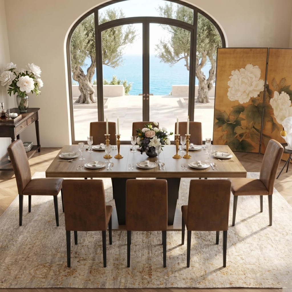 9 Piece Extendable Dining Table Set with 8 Upholstered Chairs C630646