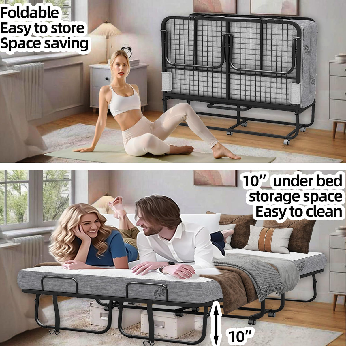 Folding Bed with Mattress Full Size 75 X 54 inch Memory Foam on Wheels G7083