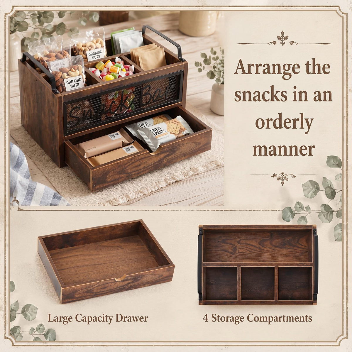 Wood Snack Bar Organizer with Drawer and Handles P433561