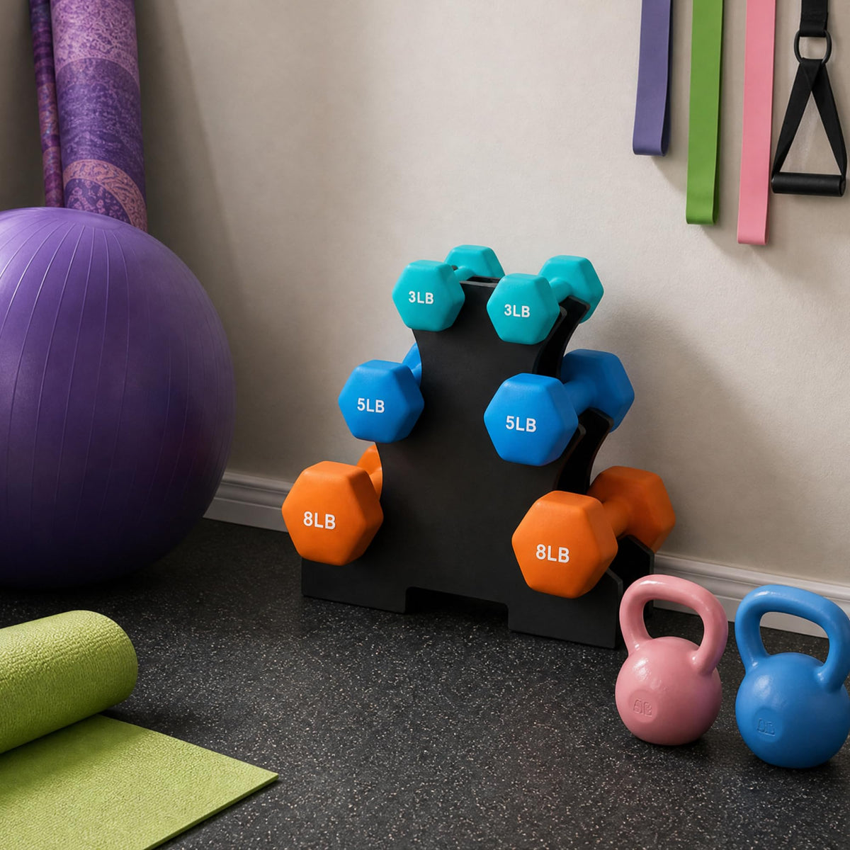 Colored Neoprene Coated Dumbbell Set with Stand, Set of 6 X89899