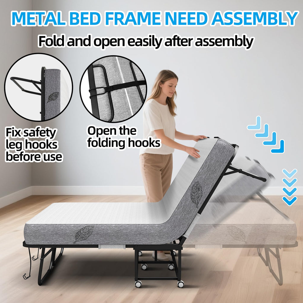 Folding Bed with Mattress Full Size 75 X 54 inch Memory Foam on Wheels G7083