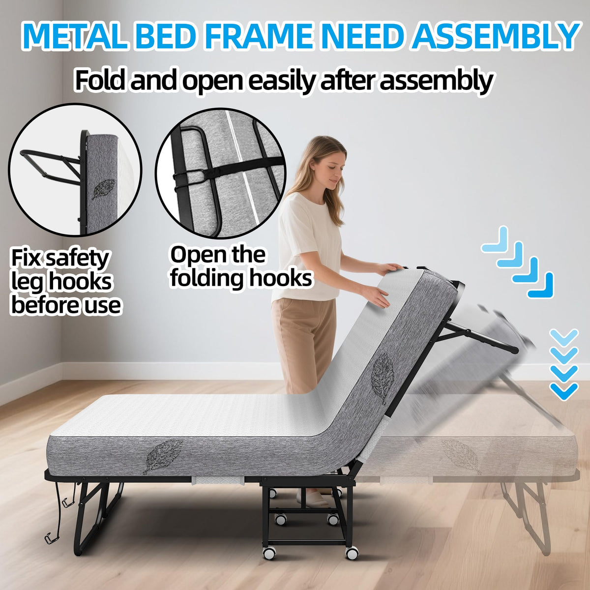 Folding Bed with Mattress Full Size 75 X 54 inch Memory Foam on Wheels G7083