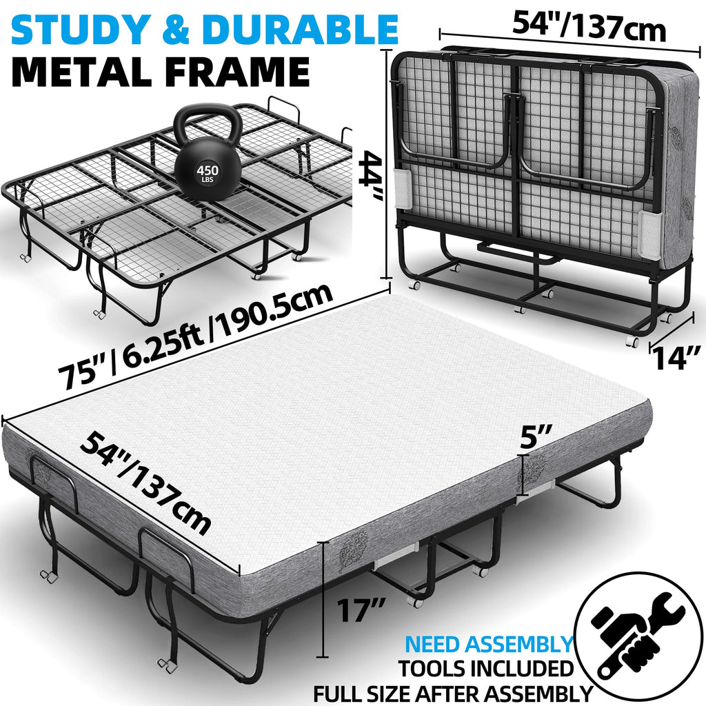 Folding Bed with Mattress Full Size 75 X 54 inch Memory Foam on Wheels G7083