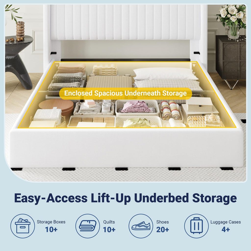 Queen Size Lift Up Storage Bed Frame White A9219
