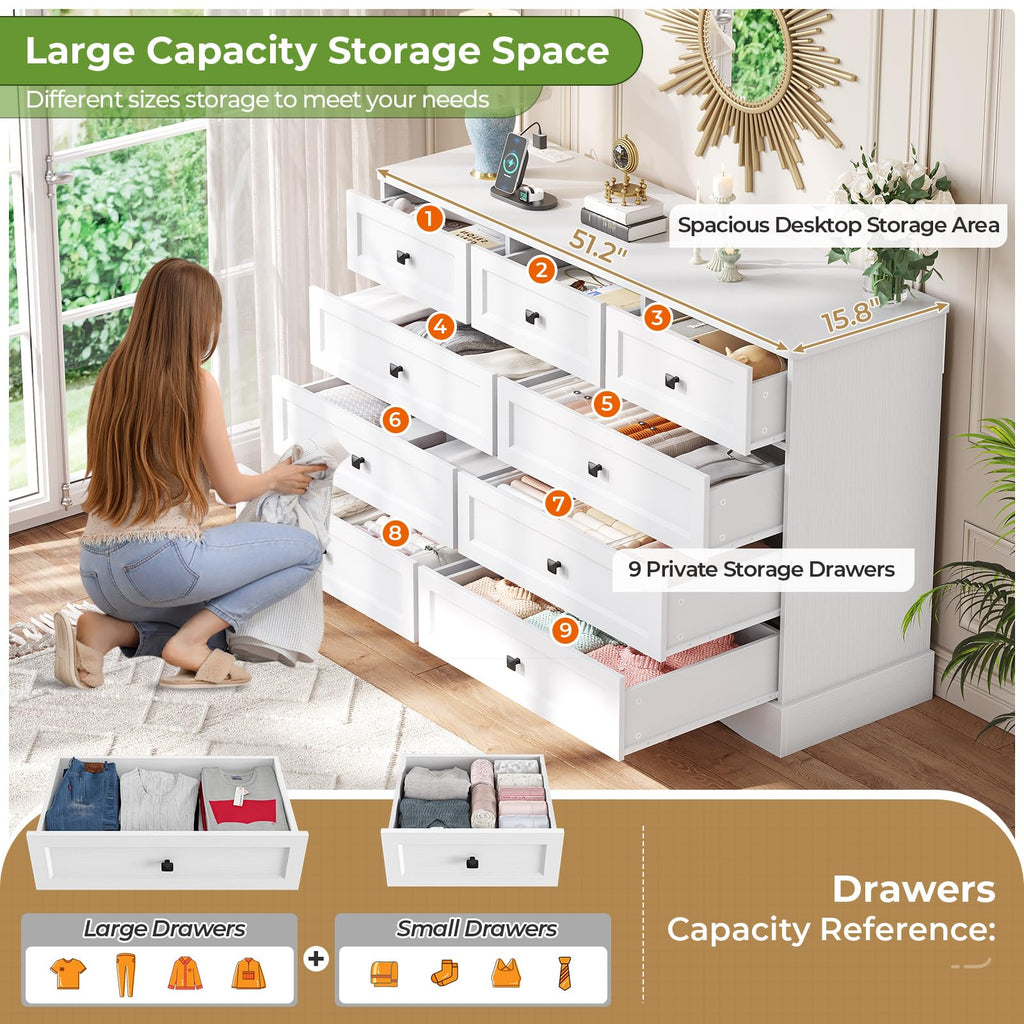White 9 Drawer Wood Dresser with Charging Station A1191