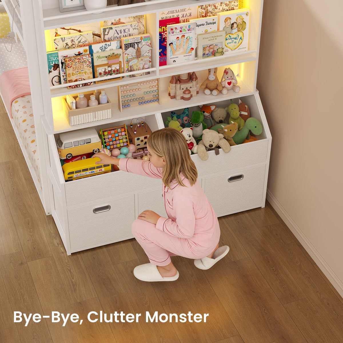 Twin Over Twin Bunk Bed with Bookshelf and Drawers I492