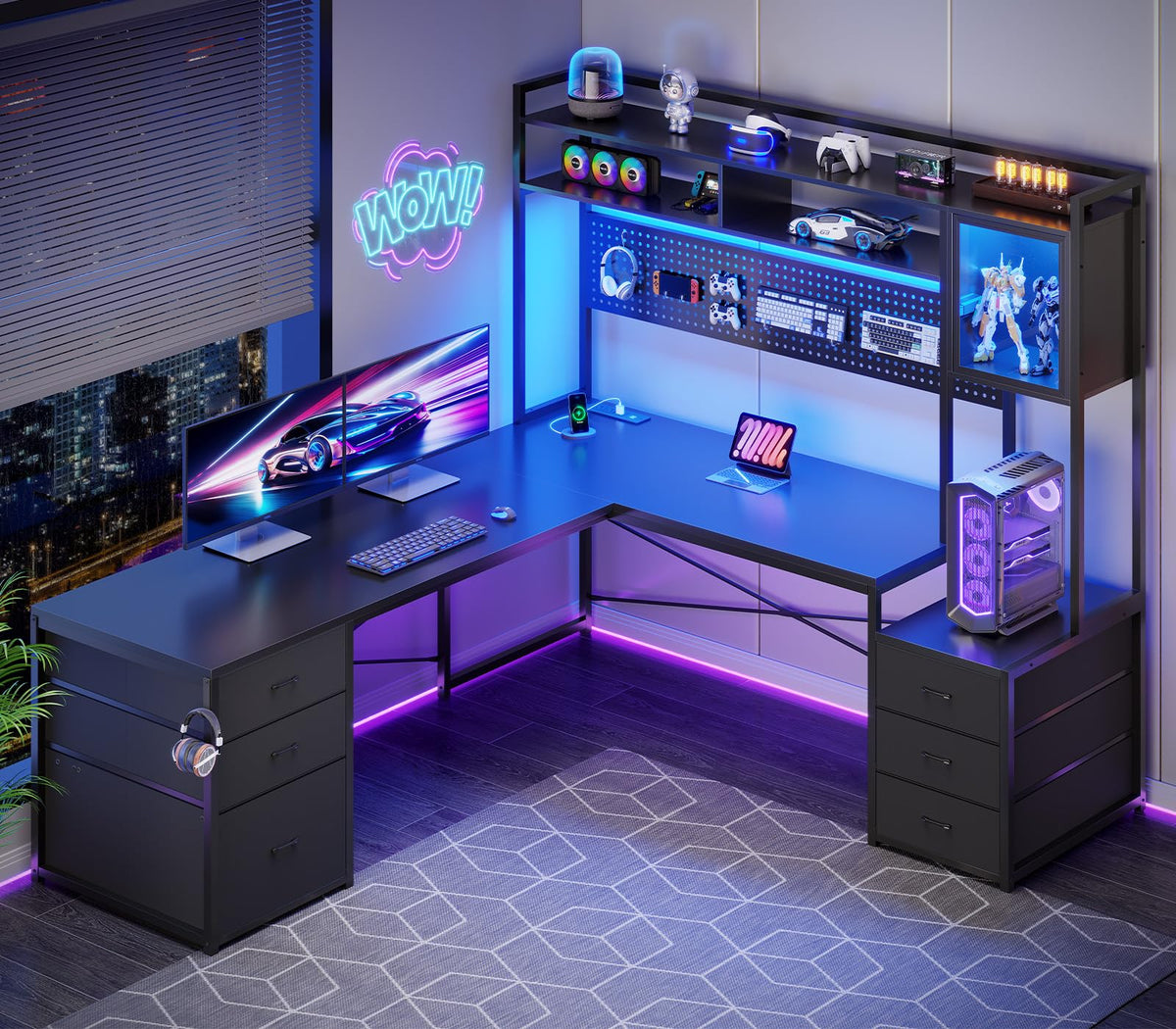 L Shaped Gaming Desk with 6 Drawers Q2291