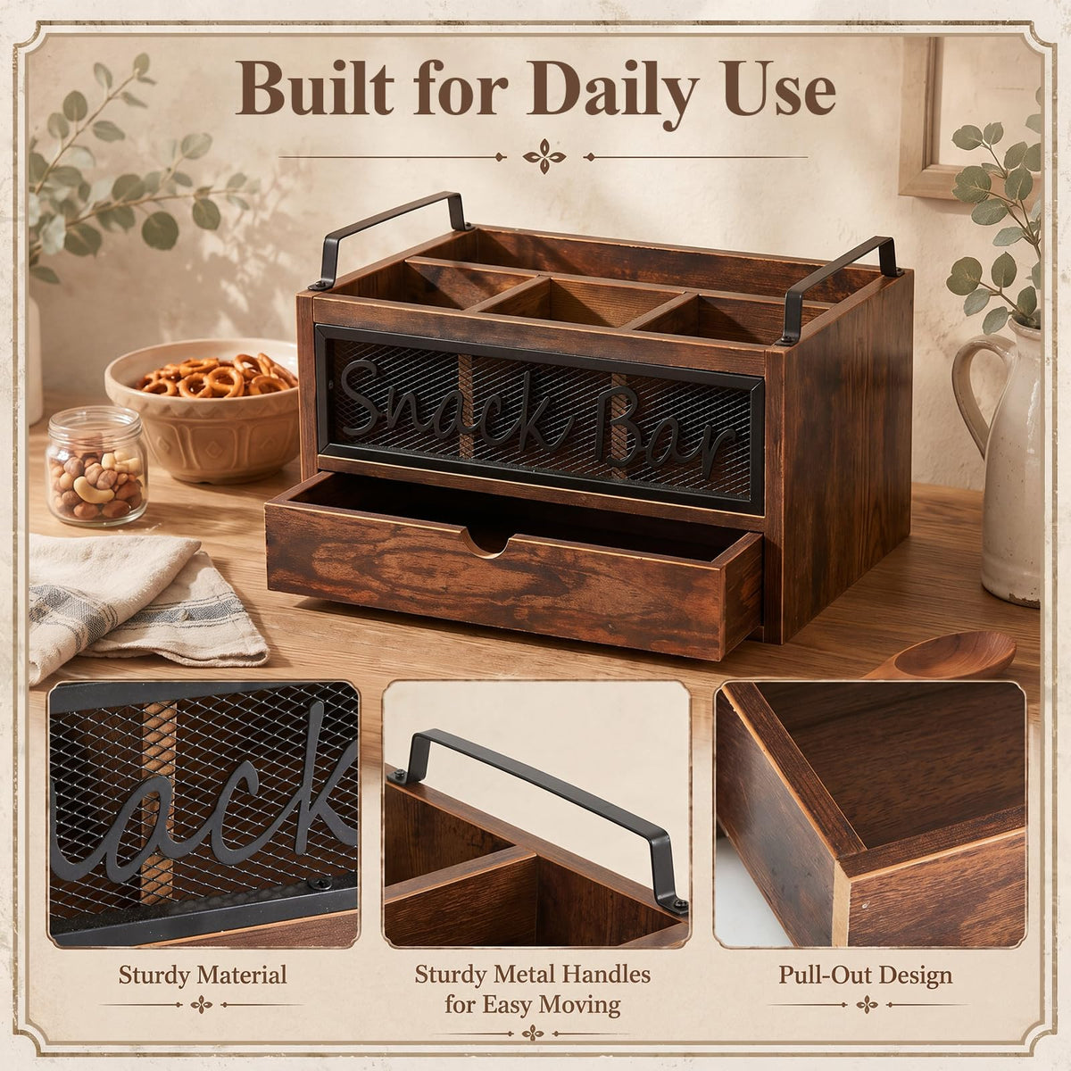 Wood Snack Bar Organizer with Drawer and Handles P433561