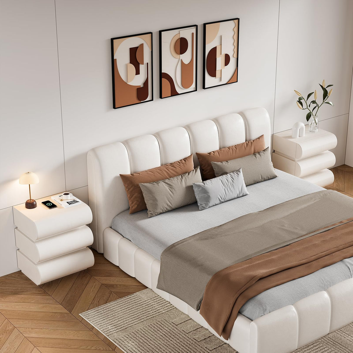Off White Faux Leather 3 Drawer Nightstand R1247