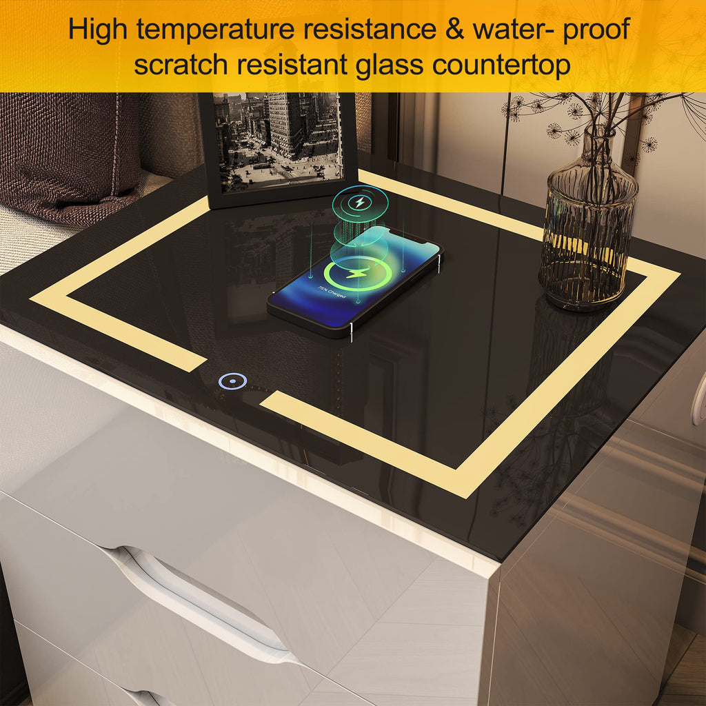 White Smart Nightstand with Wireless Charging Station and 3 Drawers F2317