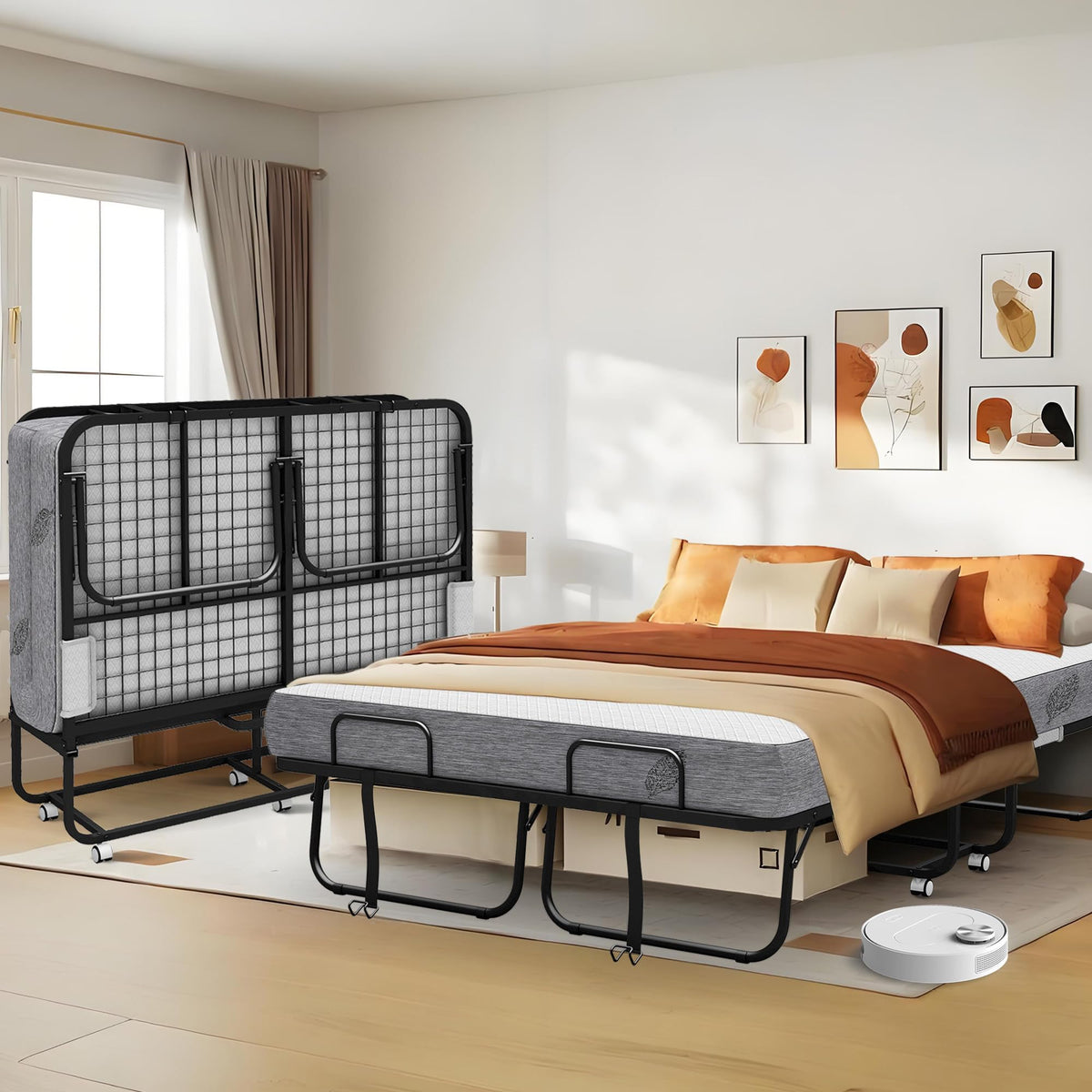 Folding Bed with Mattress Full Size 75 X 54 inch Memory Foam on Wheels G7083