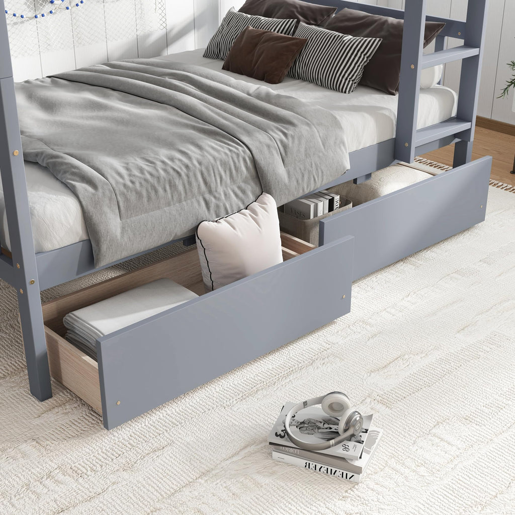 Twin Over Twin Bunk Bed with Storage Drawers Grey U75860