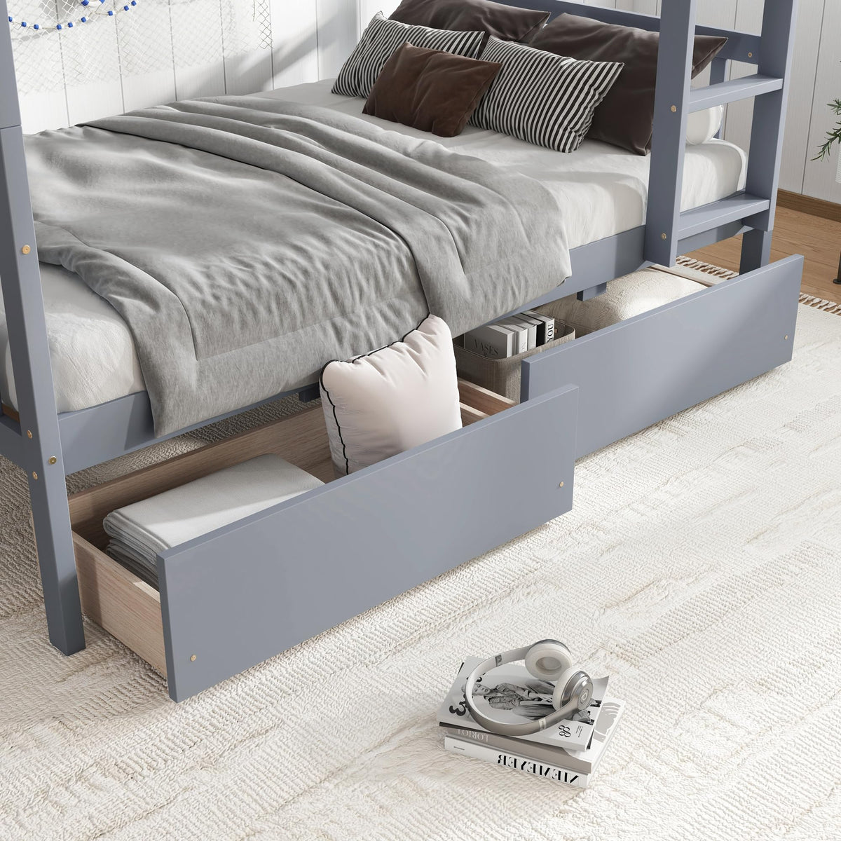Twin Over Twin Bunk Bed with Storage Drawers Grey U75860