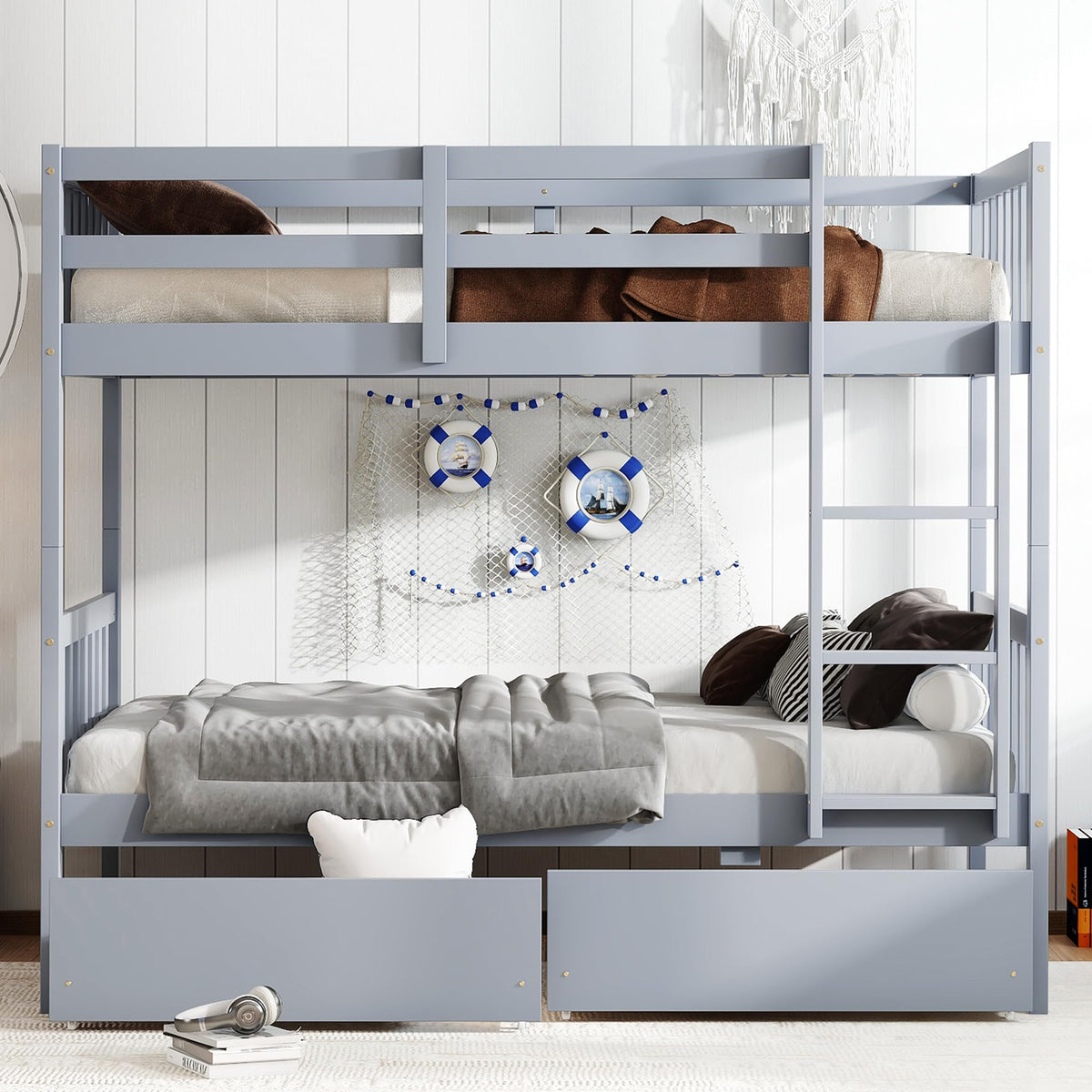 Twin Over Twin Bunk Bed with Storage Drawers Grey U75860