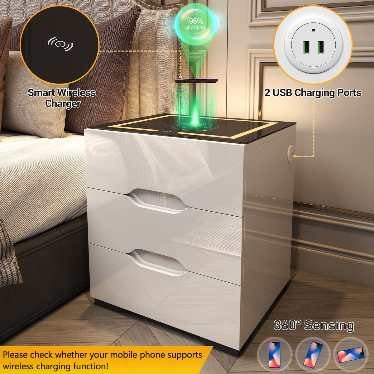 White Smart Nightstand with Wireless Charging Station and 3 Drawers F2317