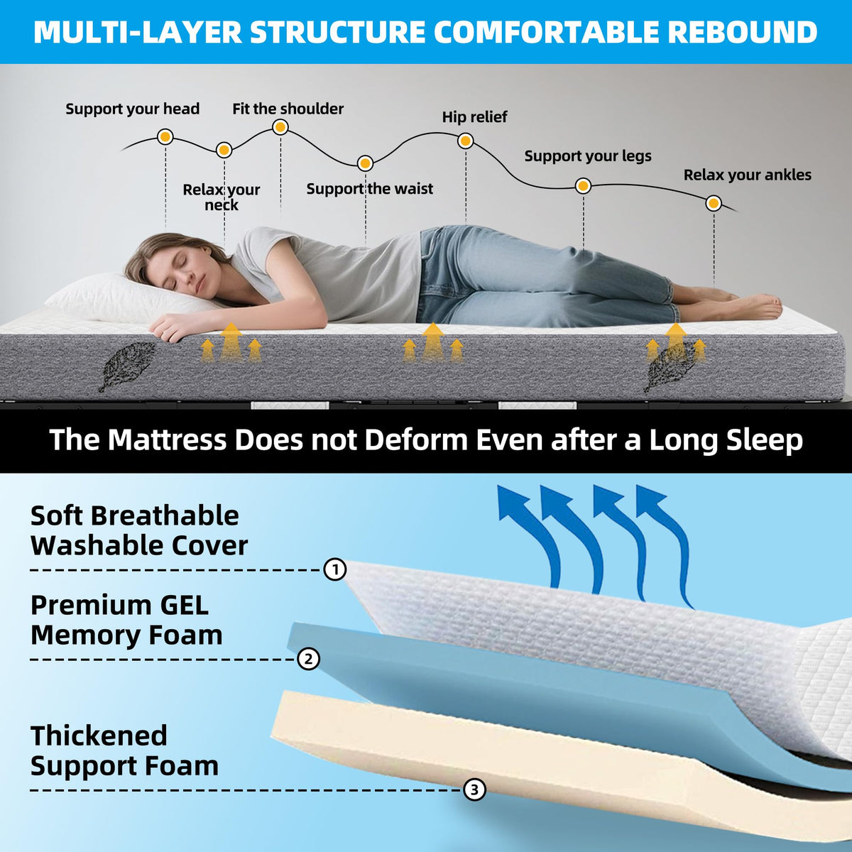 Folding Bed with Mattress Full Size 75 X 54 inch Memory Foam on Wheels G7083