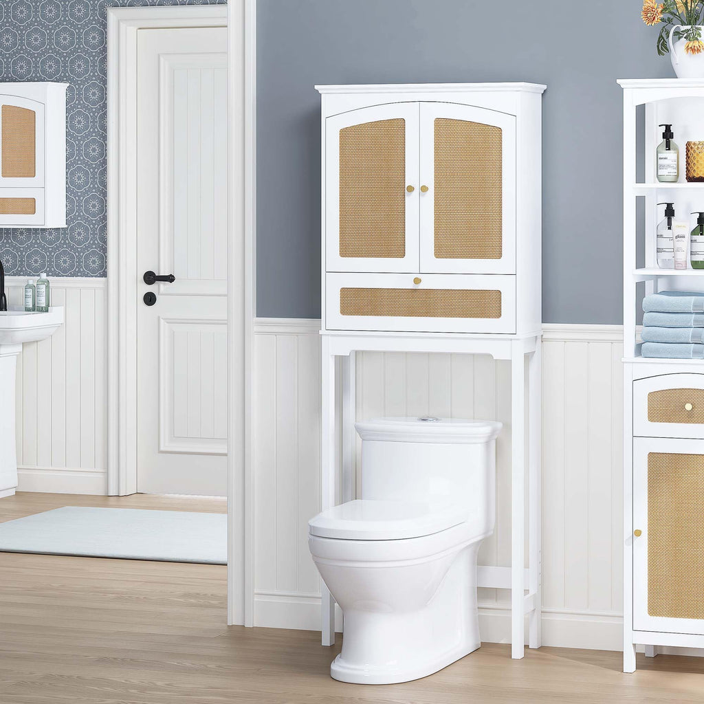 Over the Toilet Storage Cabinet with Arched Rattan Doors, White J813